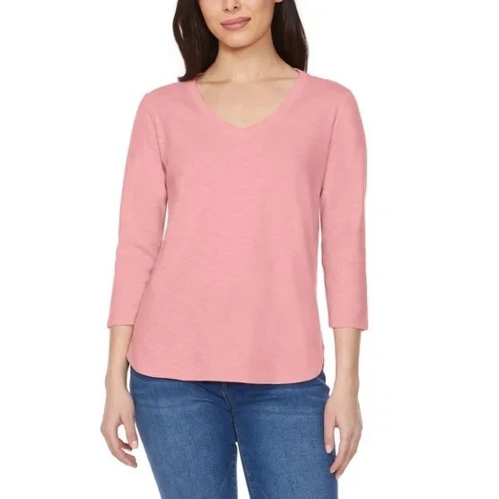 Kirkland Signature Women's 3/4 Sleeve V-Neck Slub Tee, Pink, Size Small, New